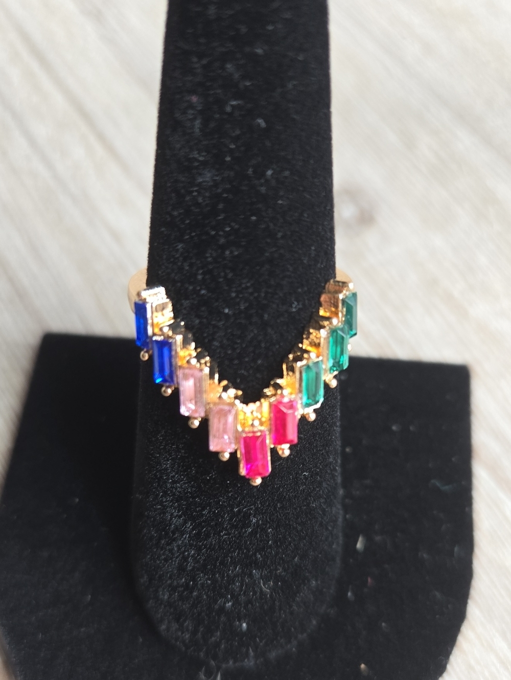 Gold Multi-Color Baguette Gem V-Shape Ring.Size 6.5